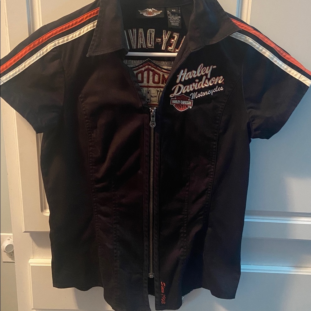 Harley-Davidson Black Shirt with Red and White Shoulder Stripes